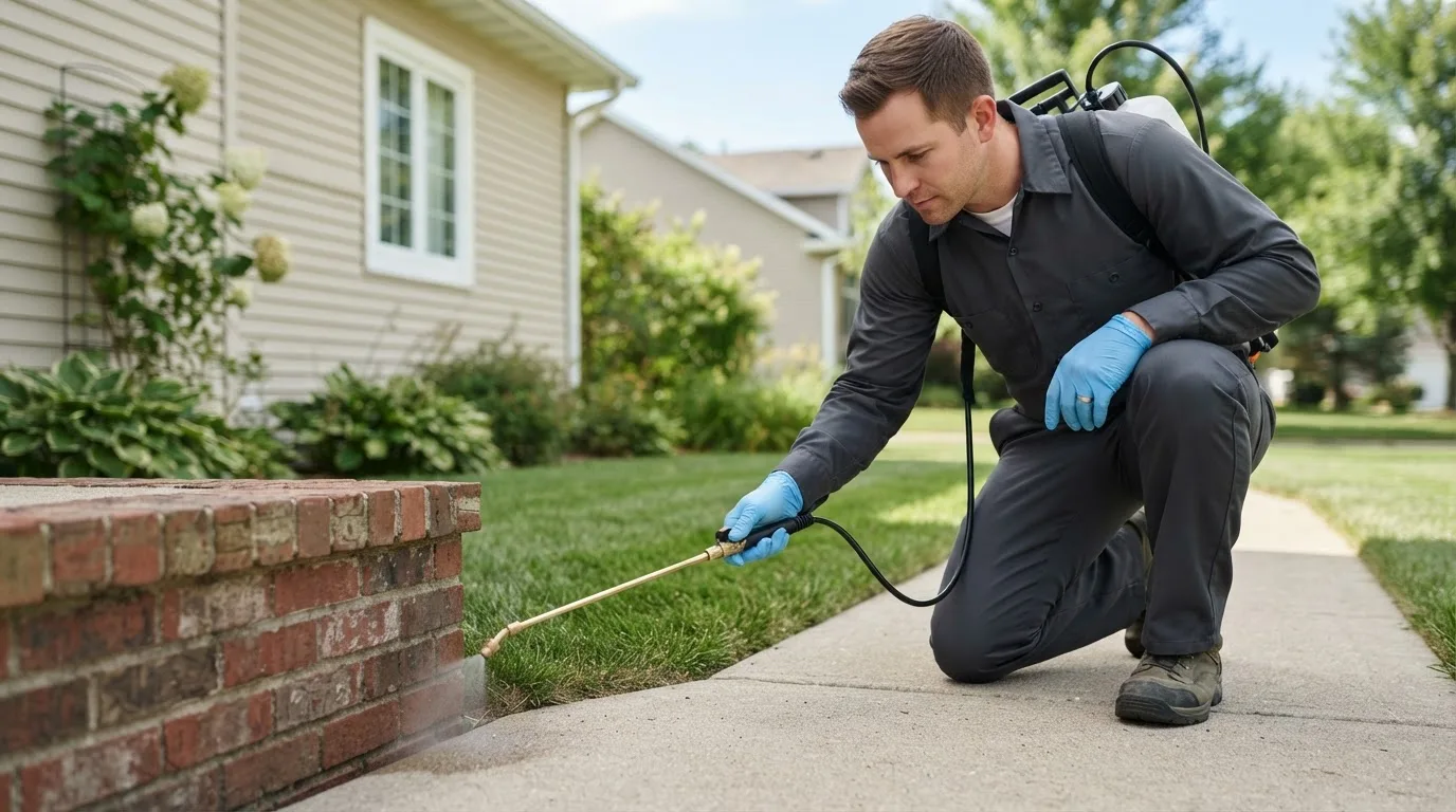 Pest control technician treating a home near Newton Highlands, MA