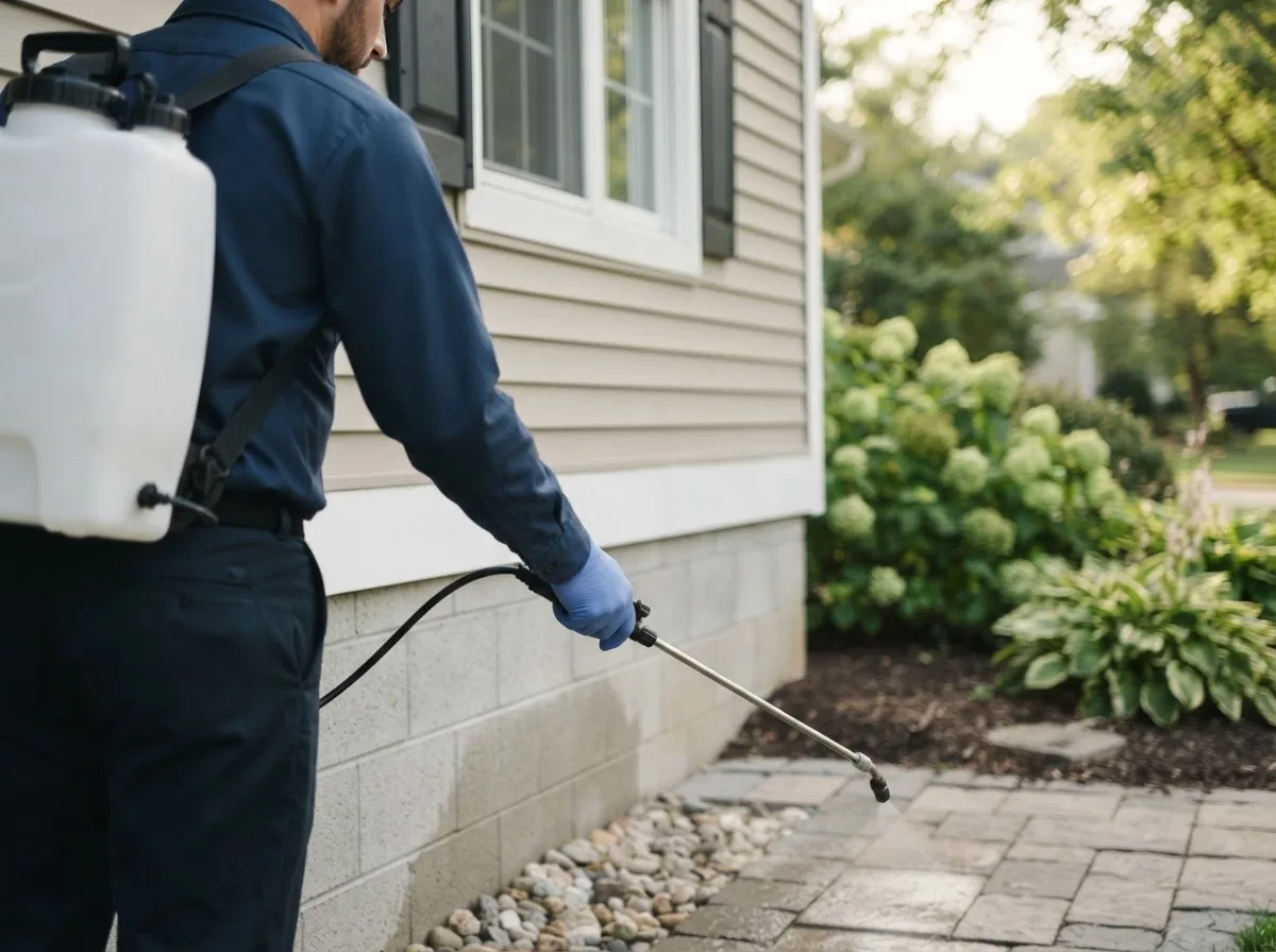 Pest control technician inspecting a home in Newton Highlands, MA